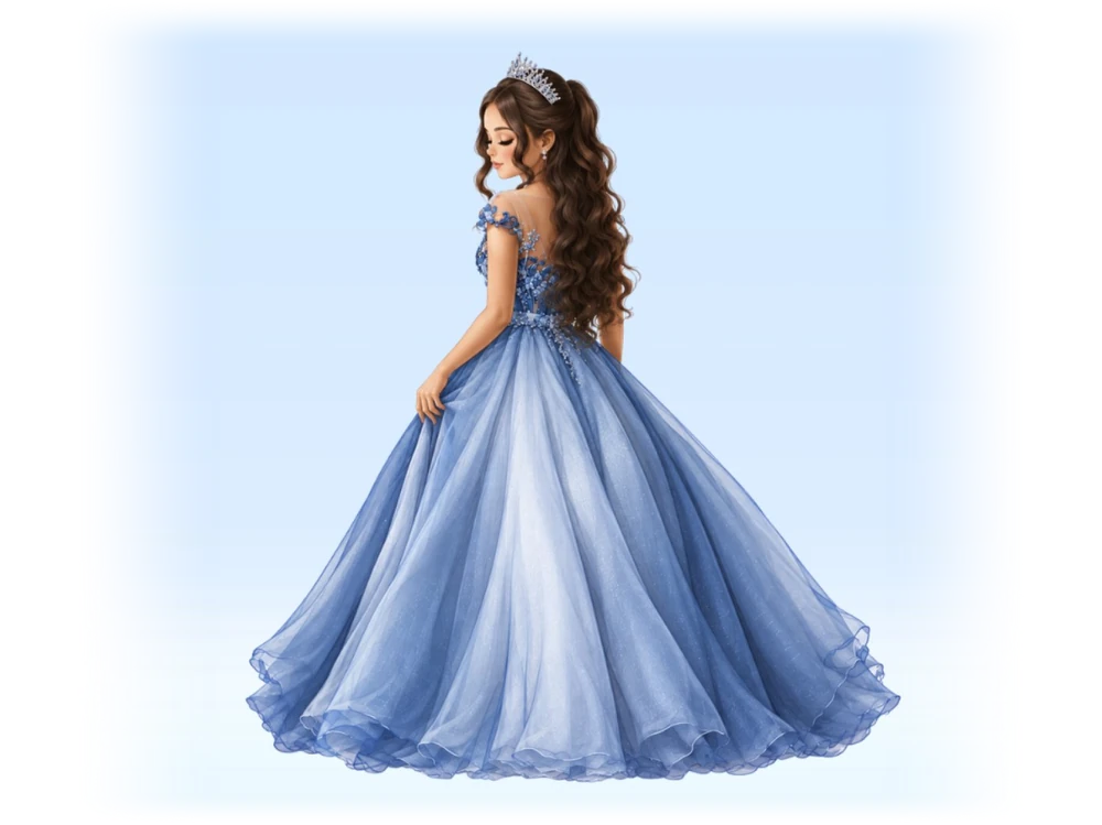 Ilustração da debutante de costas, com vestido de baile azul e tiara.